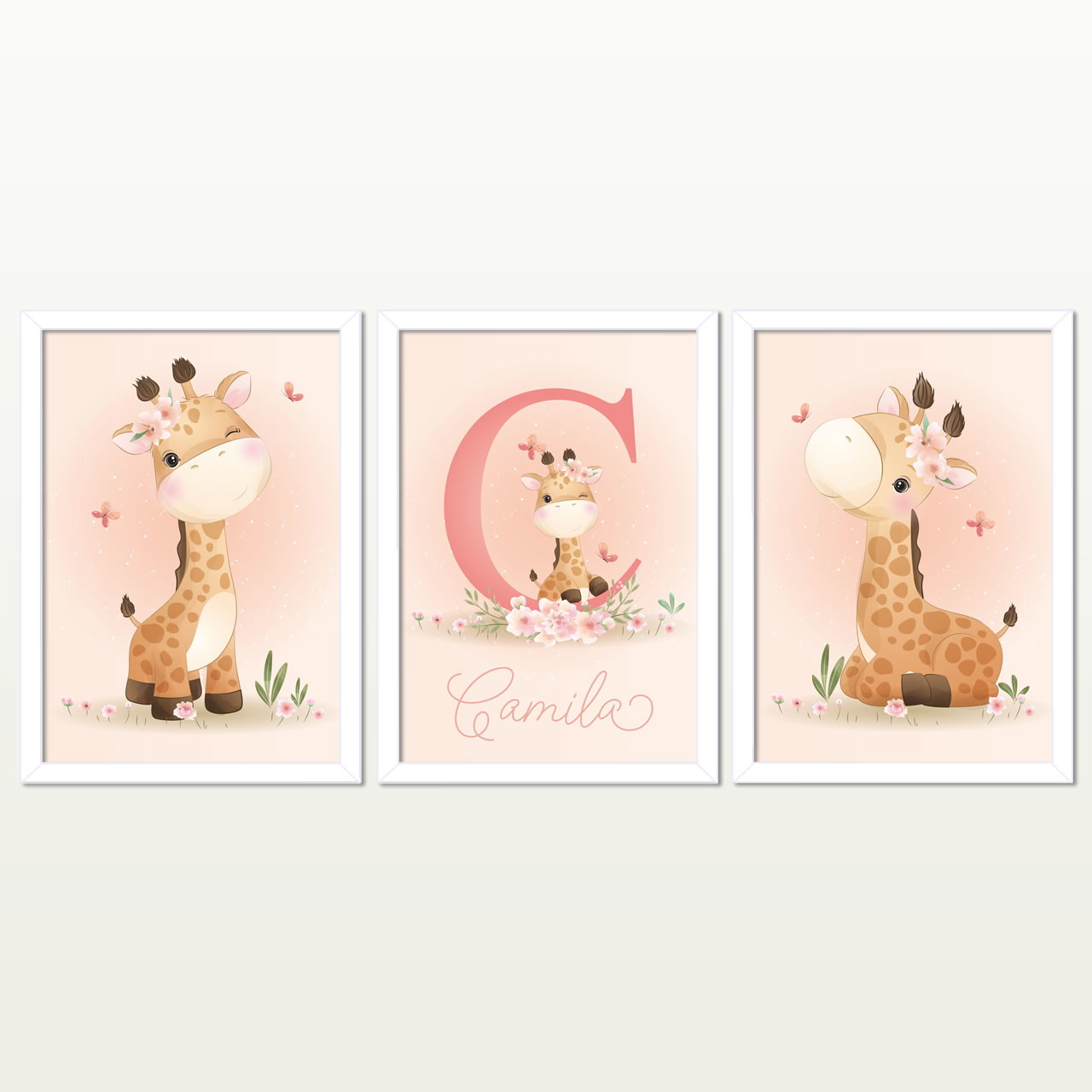 Kit 3 Quadros Decorativos Desenho Infantil Leão Girafa e Macaco - Deliquadros