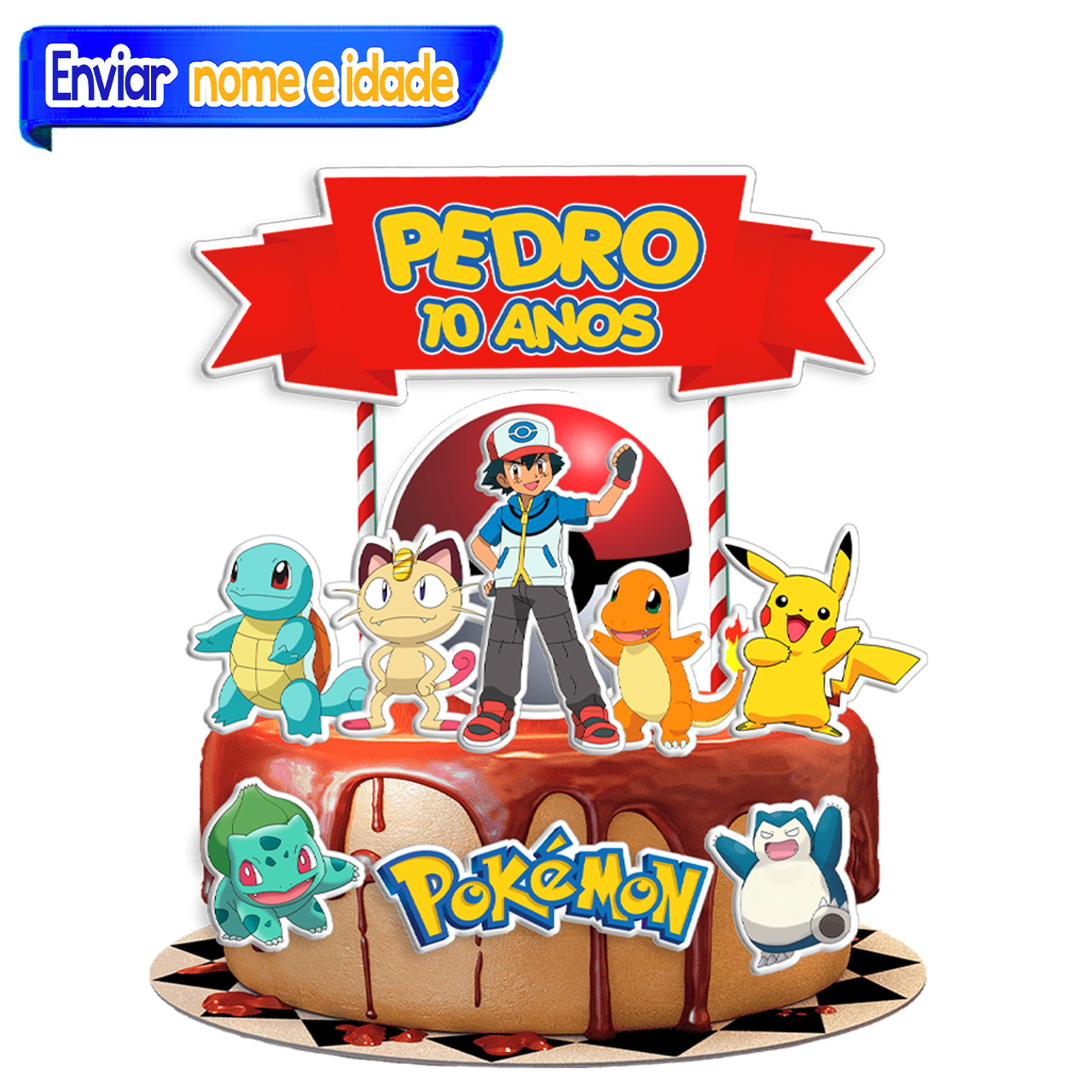 Topo de Bolo Pokémon c/ Nome-3 Personagens