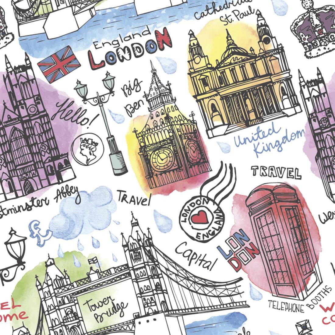 Papel de Parede Adesivo Londres Aquarela Paper Factory Elo7 Armário Quarto Pequeno ~ Papel de Parede Adesivo Londres Aquarela Paper Factory Elo7