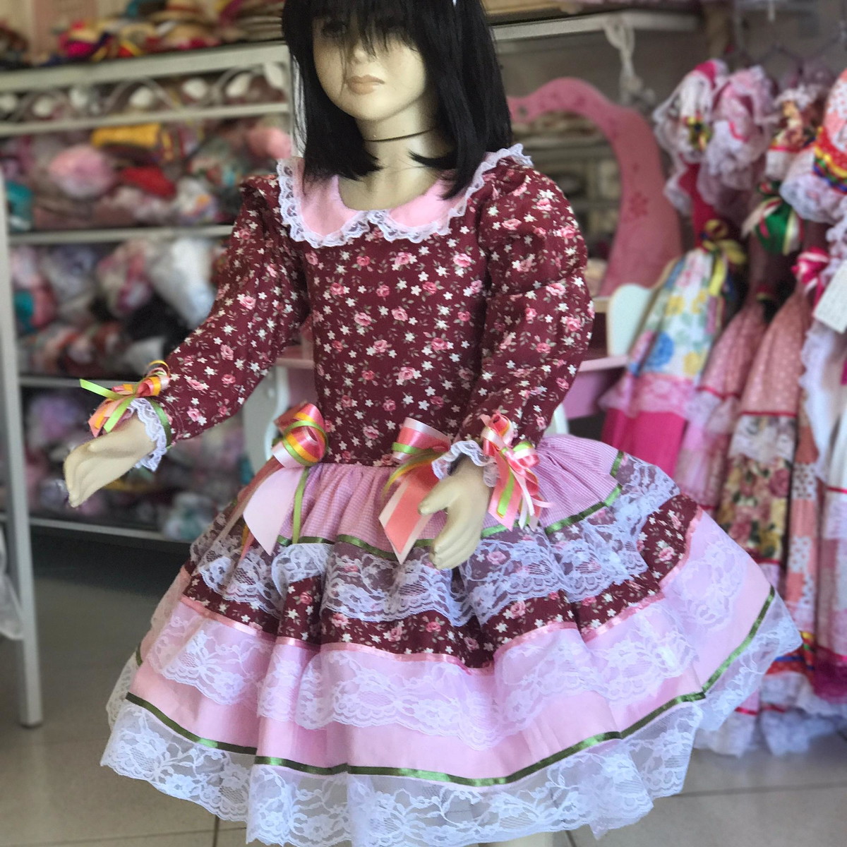 vestido infantil festa junina manga longa