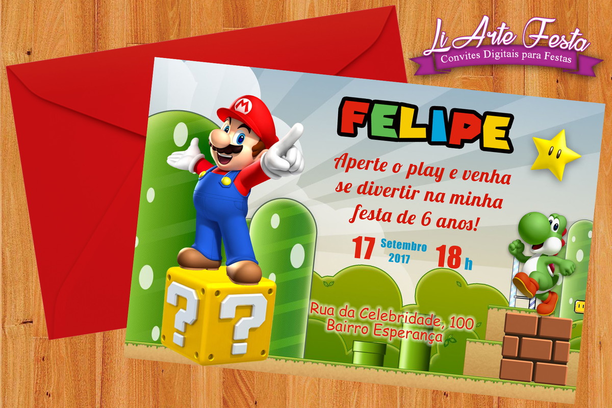 convite super mário arte digital lacre envelope grátis no elo7