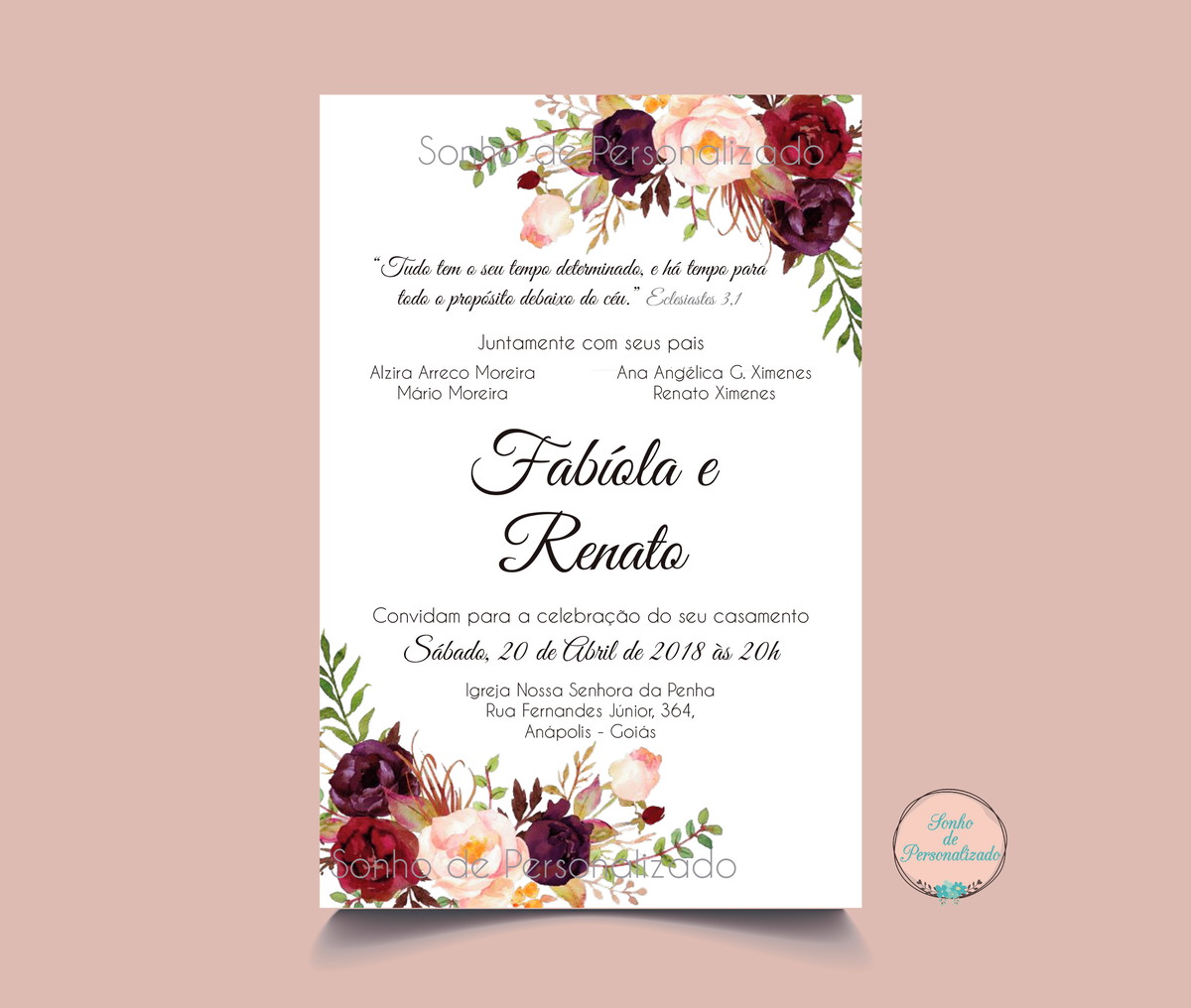 Convite Casamento Florido Marsala e Verde - Arte Digital é na