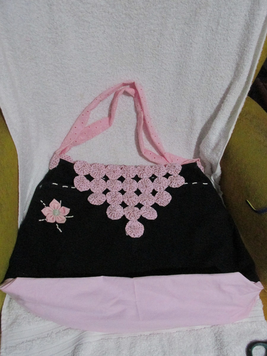 Bolsa de calça jeans com fuxico sales