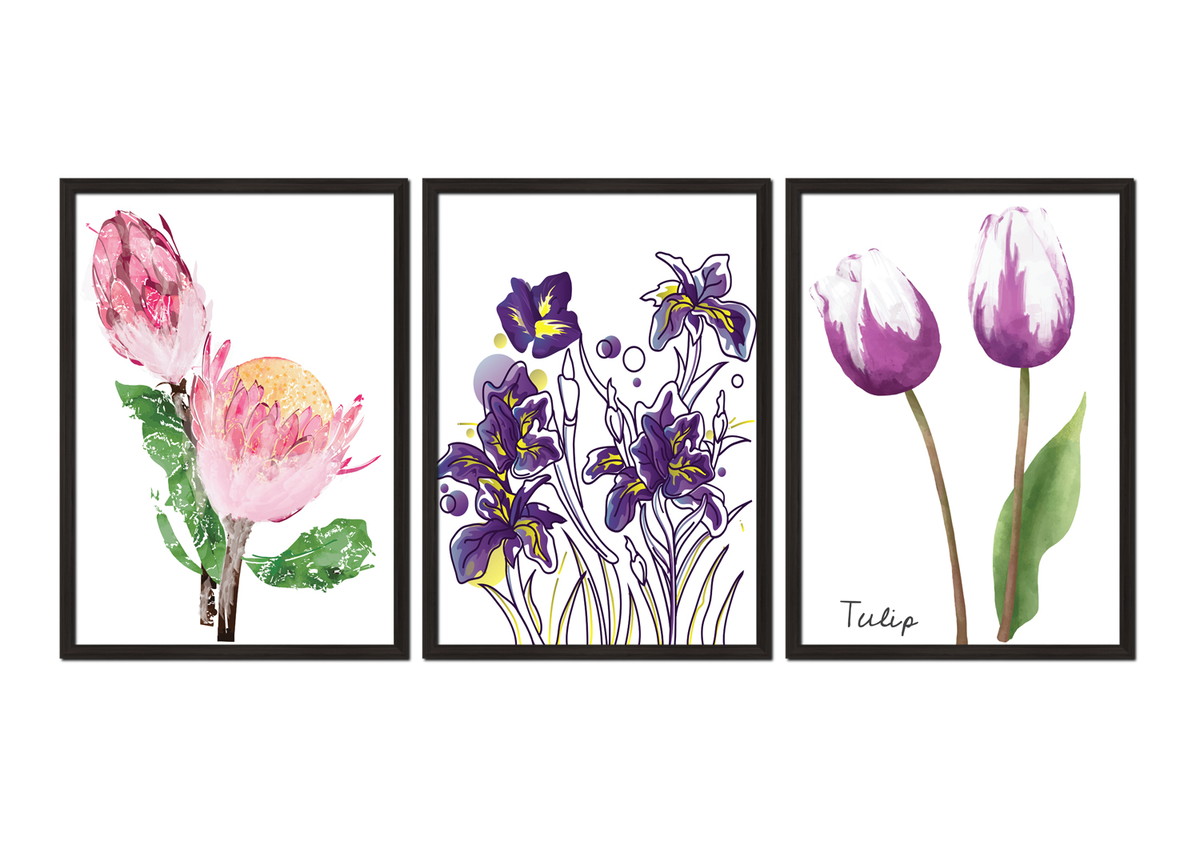 conjunto 3 quadros desenho de flores flores desenhar