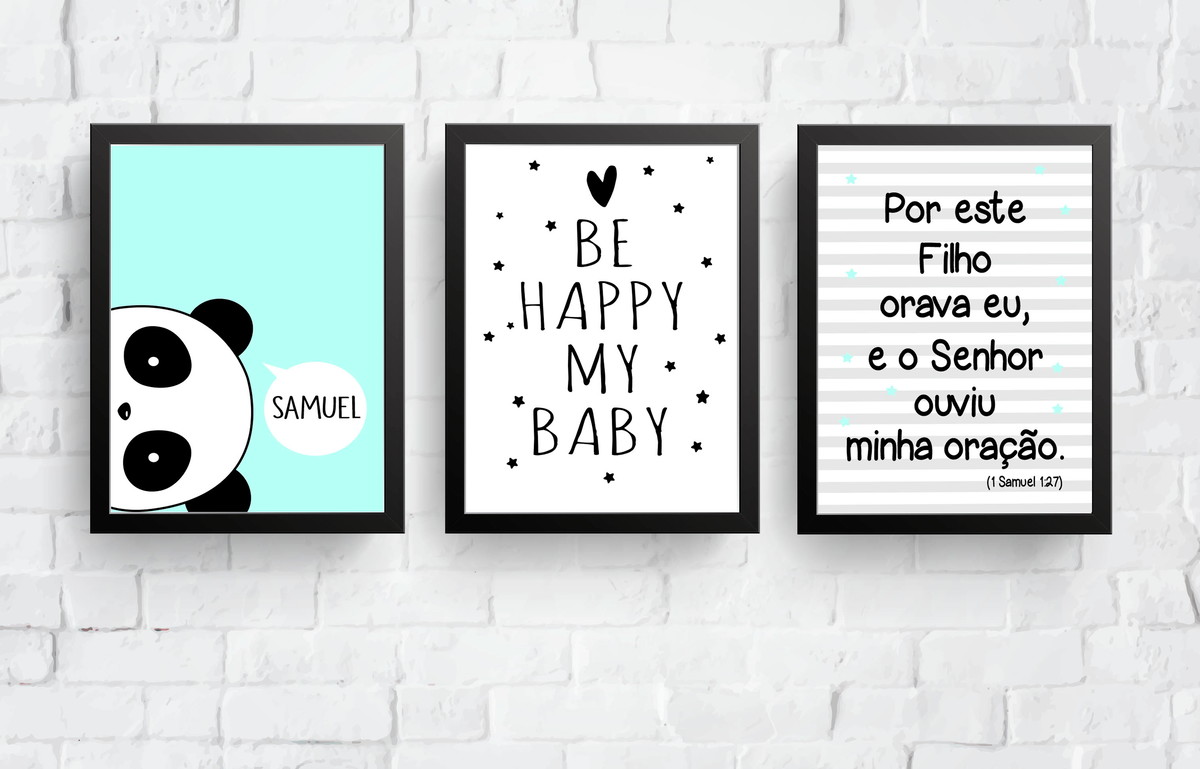 Quadro Infantil Bebê Kit Urso Panda Desenho Com 3 - 20x20 - Preto