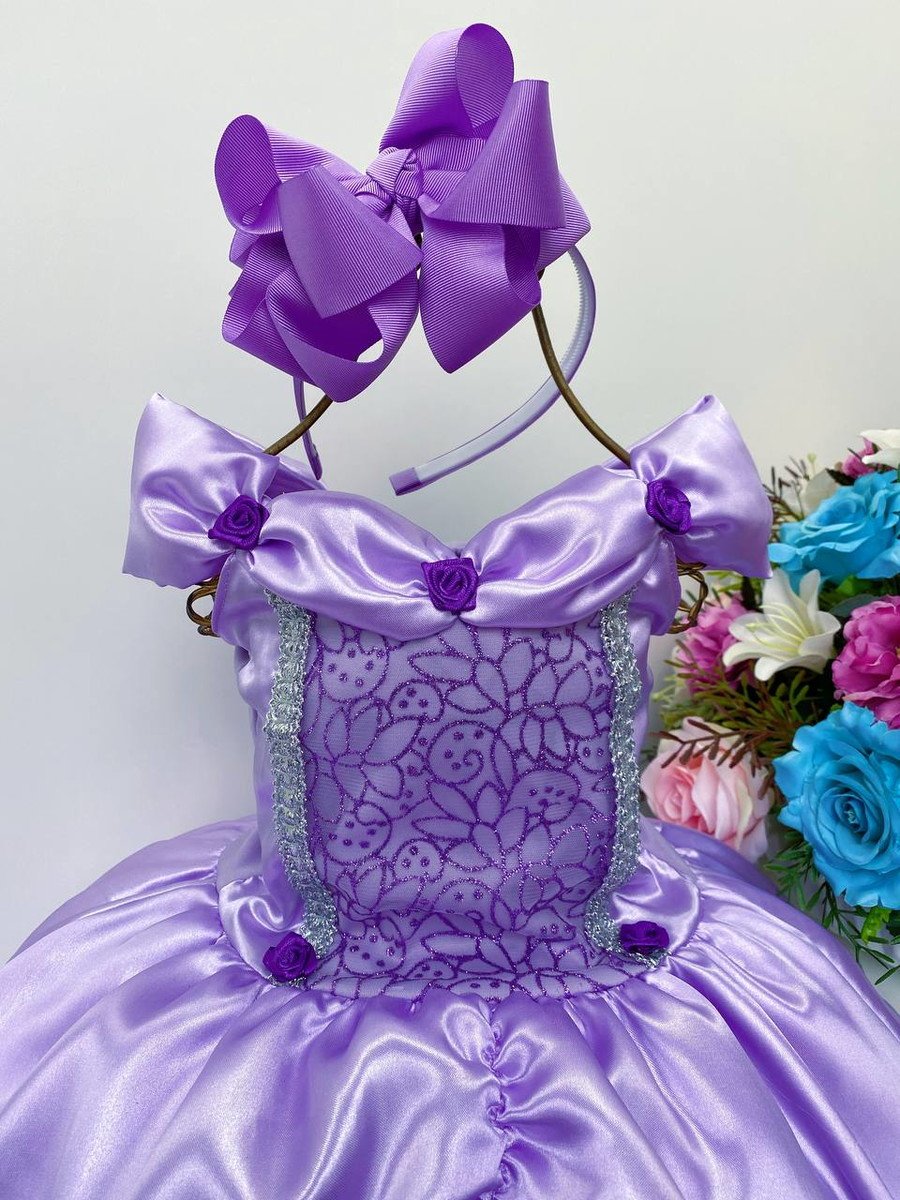 Vestido Infantil Princesa Sofia Rapunzel Ariel Lilás Rodado - Tio