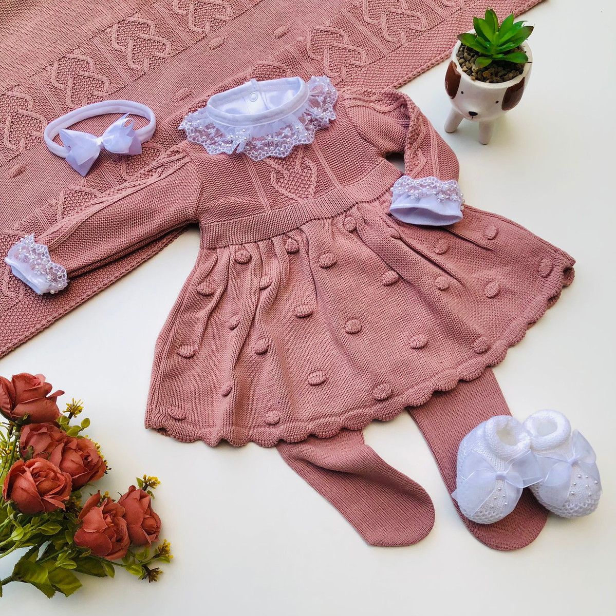 Kit saida maternidade menina vestido xadrez tricot 6 peças