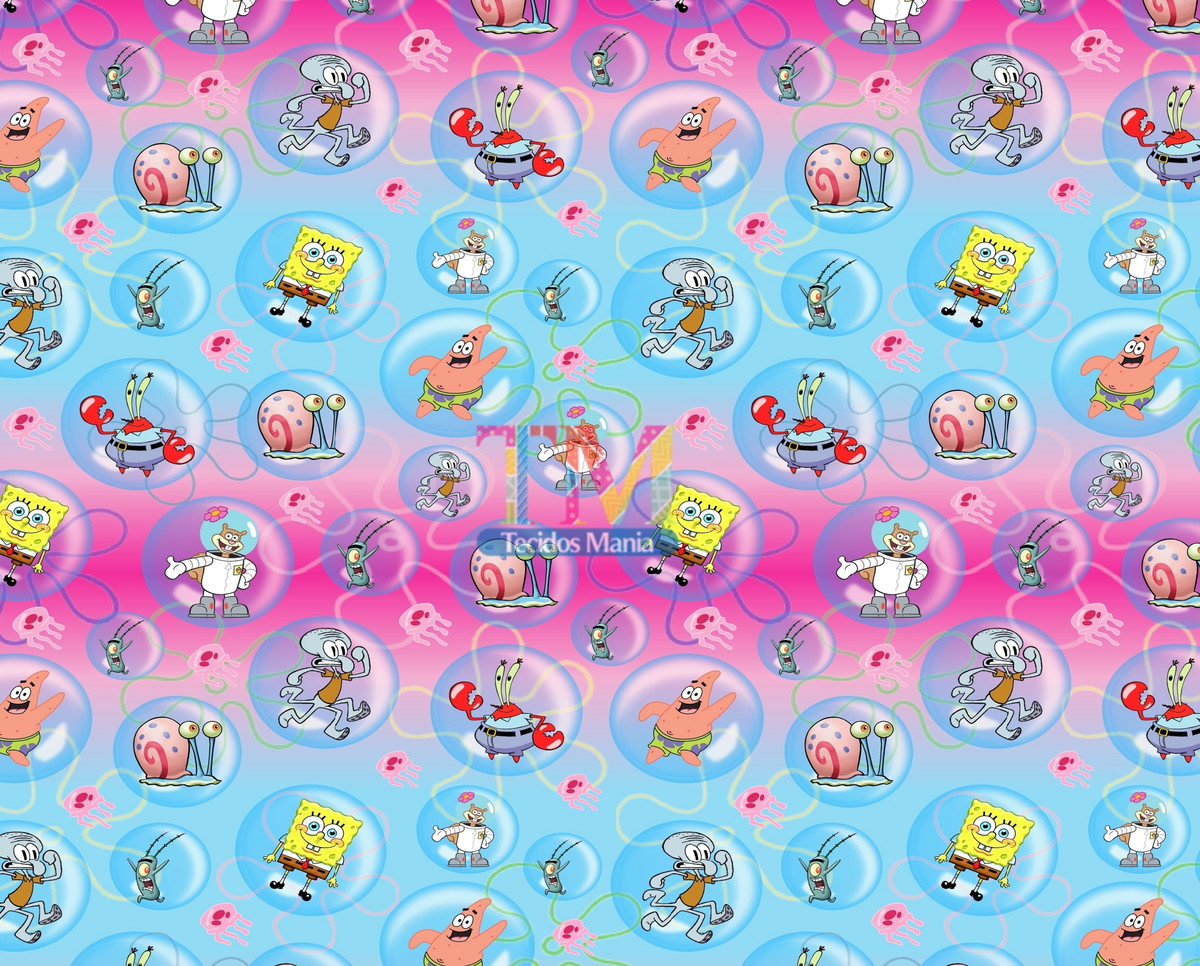 Tecido tricoline estampado Bob Esponja Bolhas fundo rosa Elo7