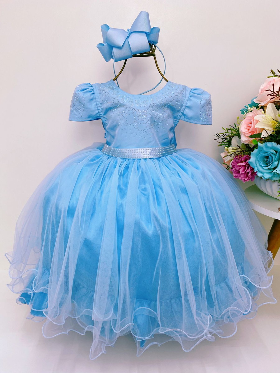 Vestido Azul Festa Infantil Daminha Luxo Tema Cinderela E Tiara em Promoção  na Americanas