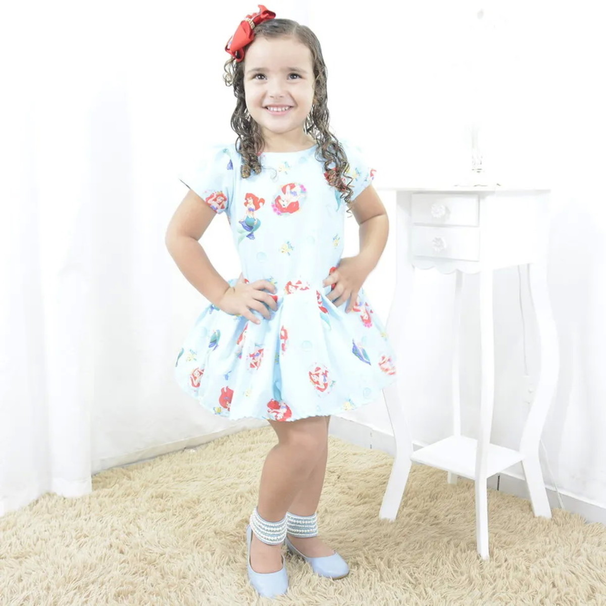 Kit Vestido infantil Princesa Ariel + laço cabelo + saia de filó