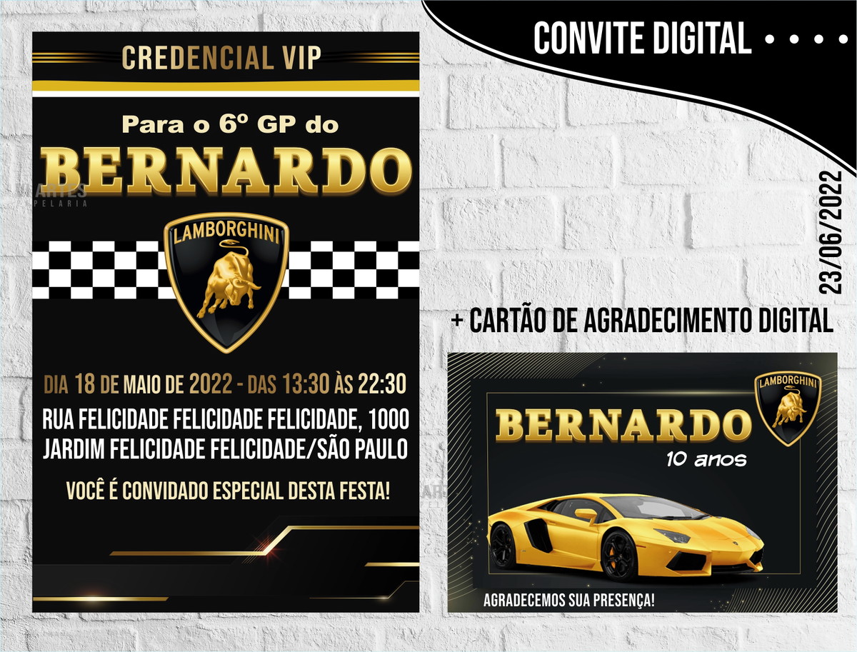 CONVITE DIGITAL LAMBORGHINI no Elo7 | VI ARTES PAPELARIA (BA3180)