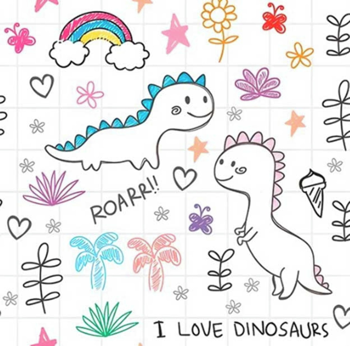 Papel de Parede Infantil Desenhos Dinossauros Fofos Colorido