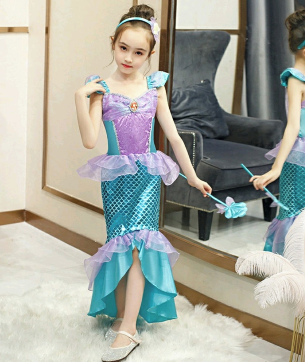 Vestido Infantil Fantasia Princesa Ariel Sereia Longo Cauda