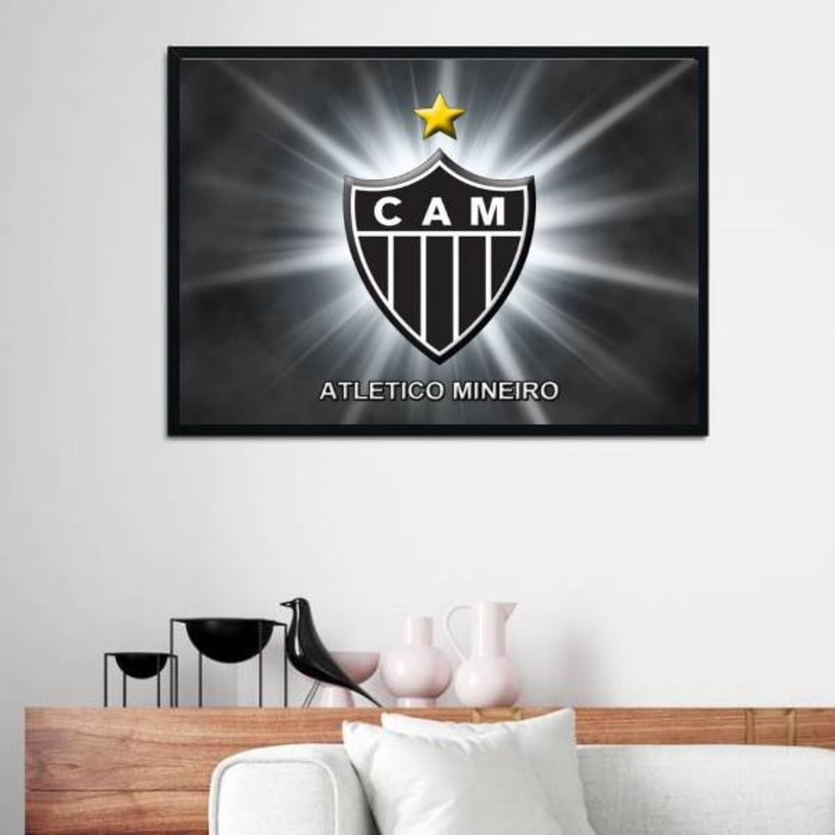 Quadro Clube Atlético Mg Escudo Projetado 24x18cm - Com Vidro  Moldura:madeira Preta