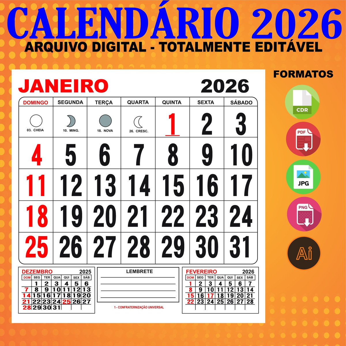 Calendário 2026 Arquivo Digital Editável Corel Illustrator Elo7