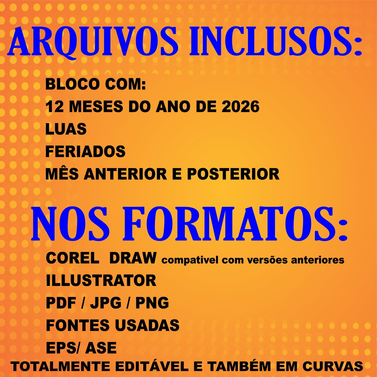 Calendário 2026 Arquivo Digital Editável Corel Illustrator Elo7
