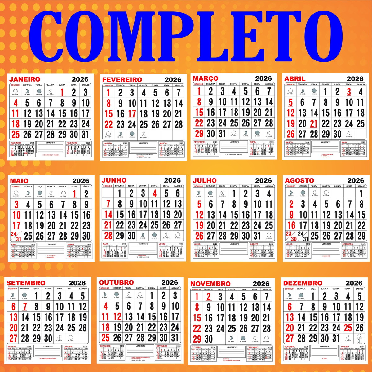 Calendário 2026 Arquivo Digital Editável Corel Illustrator Elo7