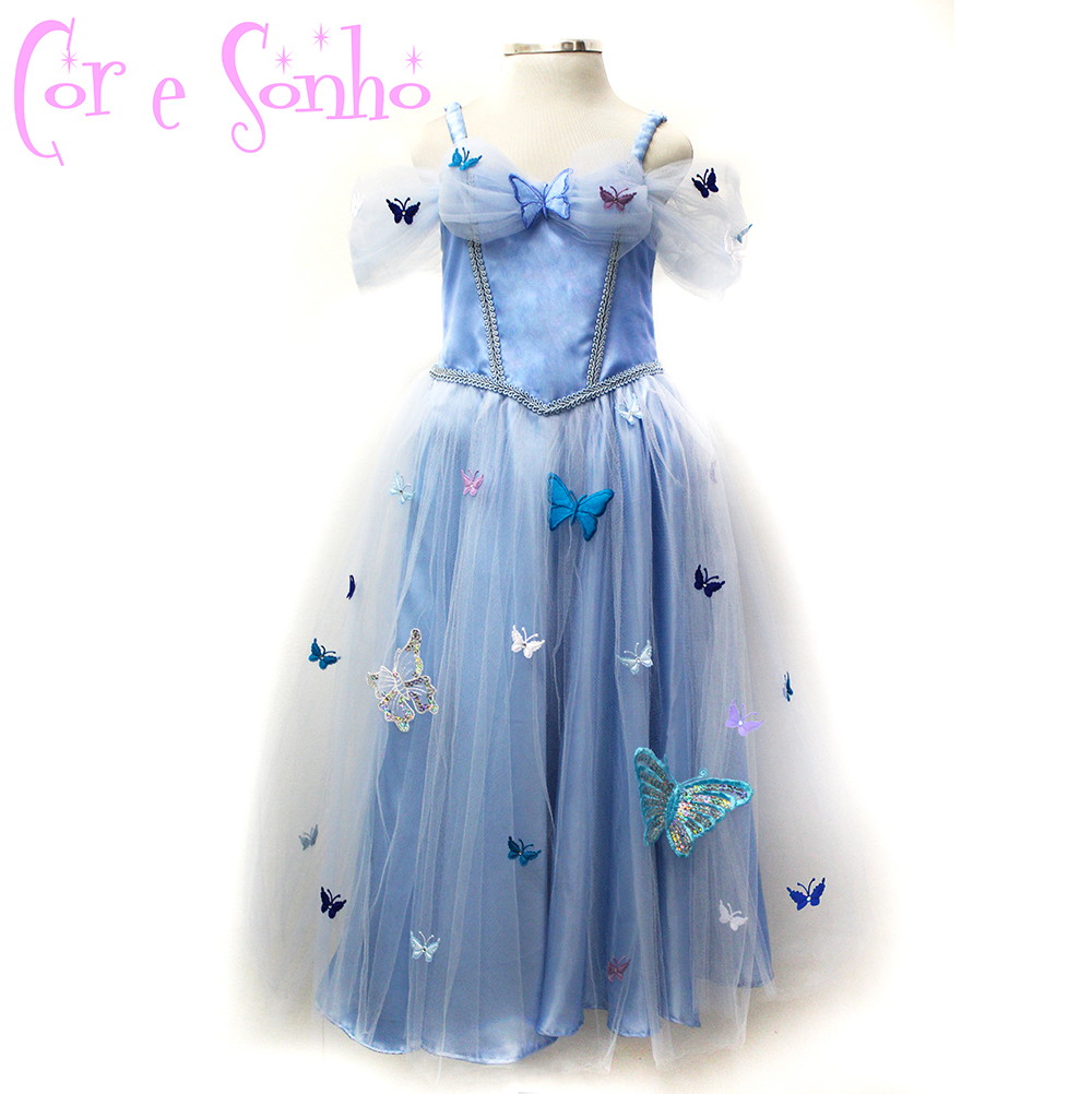 Fantasia Cinderela Borboletas Vestido Princesa Azul Luxuoso